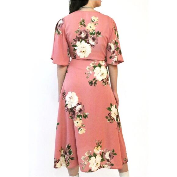 NEW Peppermint Brand Dusty Rose Floral Chiffon Wrap Dress Sz LG Summer Easter - Picture 2 of 11